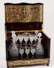 Antique 19thC French Boulle Style Liqueur Cabinet with Glass Set