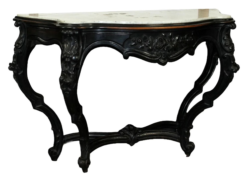 Antique French Louis XV Ebonized Bowfront Console Table w/ White Marble Top