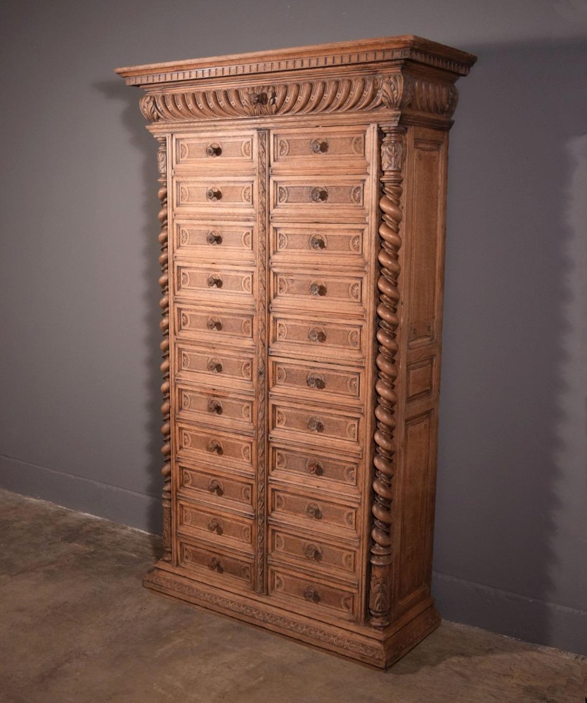 77″ Tall Antique French Apothecary Cabinet Solid Oak Carved with Compartments