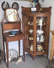Antique Corner Oak China Cabinet – Sliding Curved Glass Doors