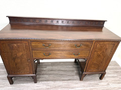 English Antique Mahogany Chippendale Sideboard Buffet Bar Cabinet w/ Key Ornate