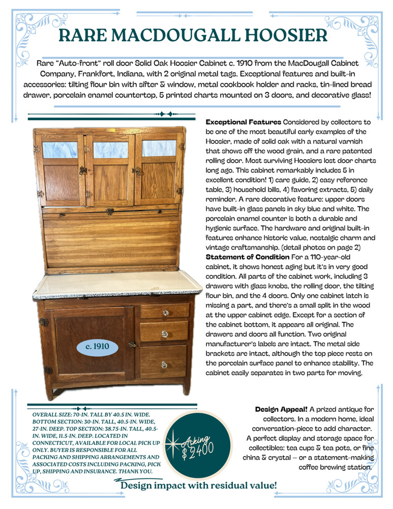 *RARE* MACDOUGALL SOLID OAK HOOSIER CABINET Stained Glass & Porcelain Enamel