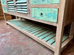Solomon Cove Reclaimed Boatwood Coastal Console Table, Hand Painted Detail, 85″