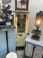 Antique vintage dental medical industrial cabinet, mid-century modern metal blue