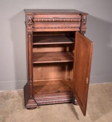 French Antique Solid Oak Wood Cabinet with Highly Carved Virgin Mary Door
