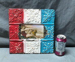 VTG Shabby 11″ Sq. Photo 4×6 Tin Ceiling Metal Picture Frame Old 1700-25B