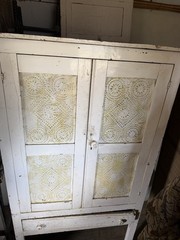 Antique Vintage White Wood Diamond Punched Tin Cabinet