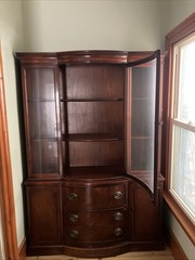 Vintage Drexel New Travis Court mahogany bow-front china cabinet