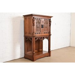 Antique Belgian Gothic Revival Carved Oak Bar Cabinet, Circa 1880s