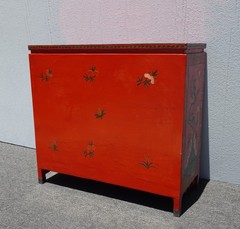 Vintage Chinese Asian Red Lacquer Storage Cabinet w Stone Decorative Inlay