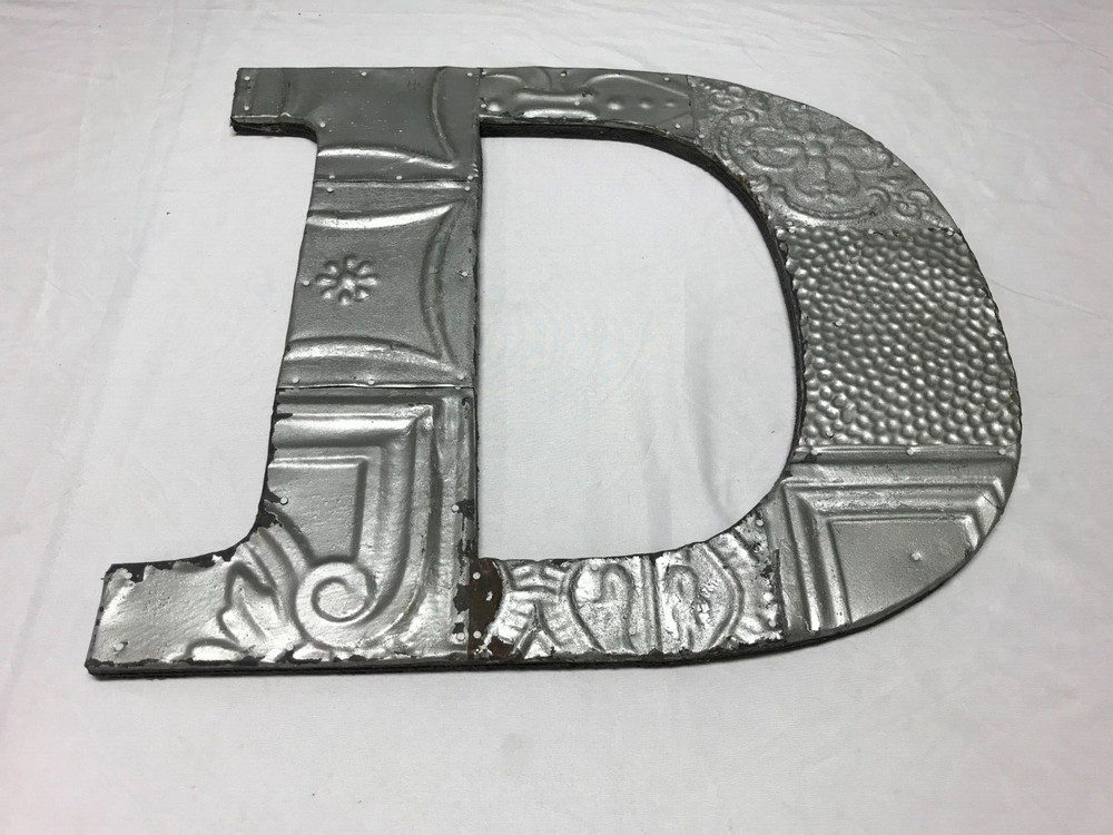 Decorative Salvaged Tin Ceiling 16″ Patchwork Silver Metal Letter D Old 1607-23B