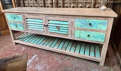 Solomon Cove Reclaimed Boatwood Coastal Console Table, Hand Painted Detail, 85″