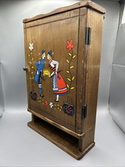 Antique Folk Art Hand Painted Wooden Wall Cabinet w Door, Shelves 12”Tx7.75”Wx2”