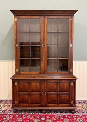 Antique English Large Bookcase Bookshelf Cabinet Double Door Glass Oak c. 1910s