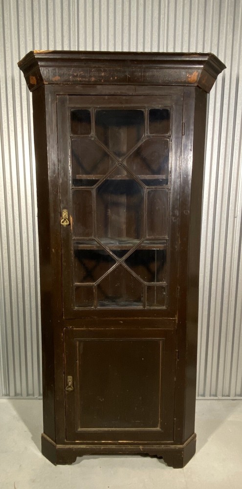 Antique 19thC Spanish Brown Painted Glazed Door Corner Cupboard Old Paint
