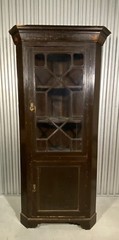 Antique 19thC Spanish Brown Painted Glazed Door Corner Cupboard Old Paint