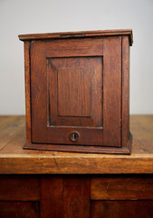 Vintage apothecary wood Cabinet antique counter flap door safe lock no key oak