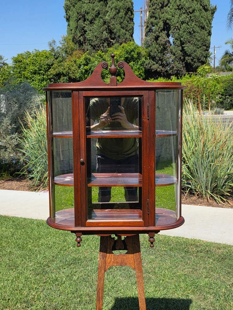 Vintage Federal Style Curved Glass Wall Curio Cabinet Mirror Back Display Case