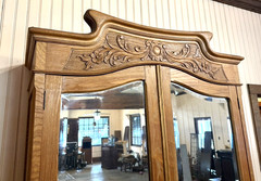French Antique Carved Oak Art Nouveau 2 Mirrored Door Armoire Circa 1900.