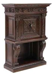 Antique Cabinet, Fall-Front, Italian Renaiss. Revival, Carved, Walnut, E. 1900s