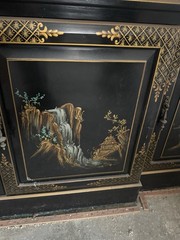 Vintage Chinoiserie Black Lacquer Breakfront Display Cabinet