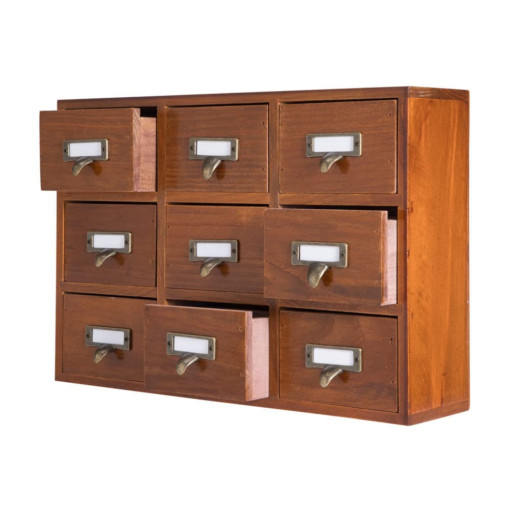 9 Drawer Library Card Catalog Cabinet With Labels Wooden Apothecary Storage