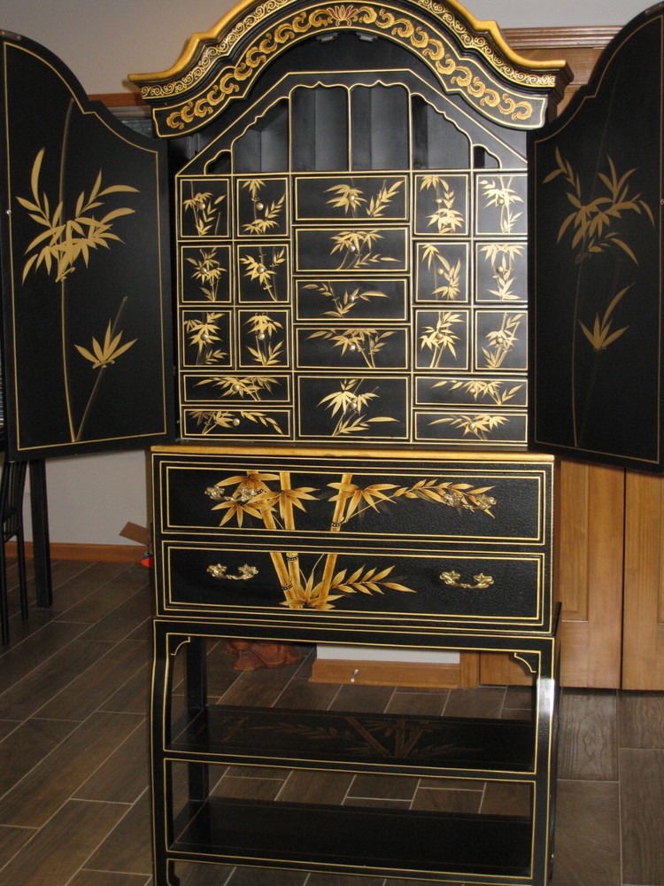 Vintage Multiple Drawer Black and Gold Oriental Cabinet – 2 Part Cabinet