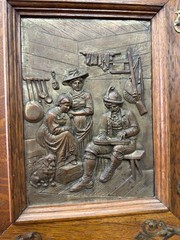 Antique Art Nouveau tiger oak quarter sawn wall cabinet 1890 bronze plaque nice