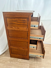 Lateral File Cabinet Tiger Oak Four Drawers Locking Bottom Paneled Sides Keys