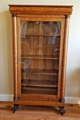 Antique Oak Bookcase China Cabinet – Single Door- Wavy Glass – Paw Feet