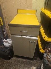 Vintage 1950s Yellow Metal Kitchen Cabinet w/ Formica Top 36″H Mid-Century