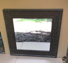 VTG Decorative Floral Tin Cove 46″ SQ. Tung Oiled Rust Metal Mirror Old 1053-23B