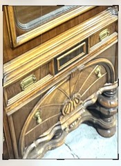 Antique Renaissance Style Burled Walnut Glass Display Cabinet With Drawers.