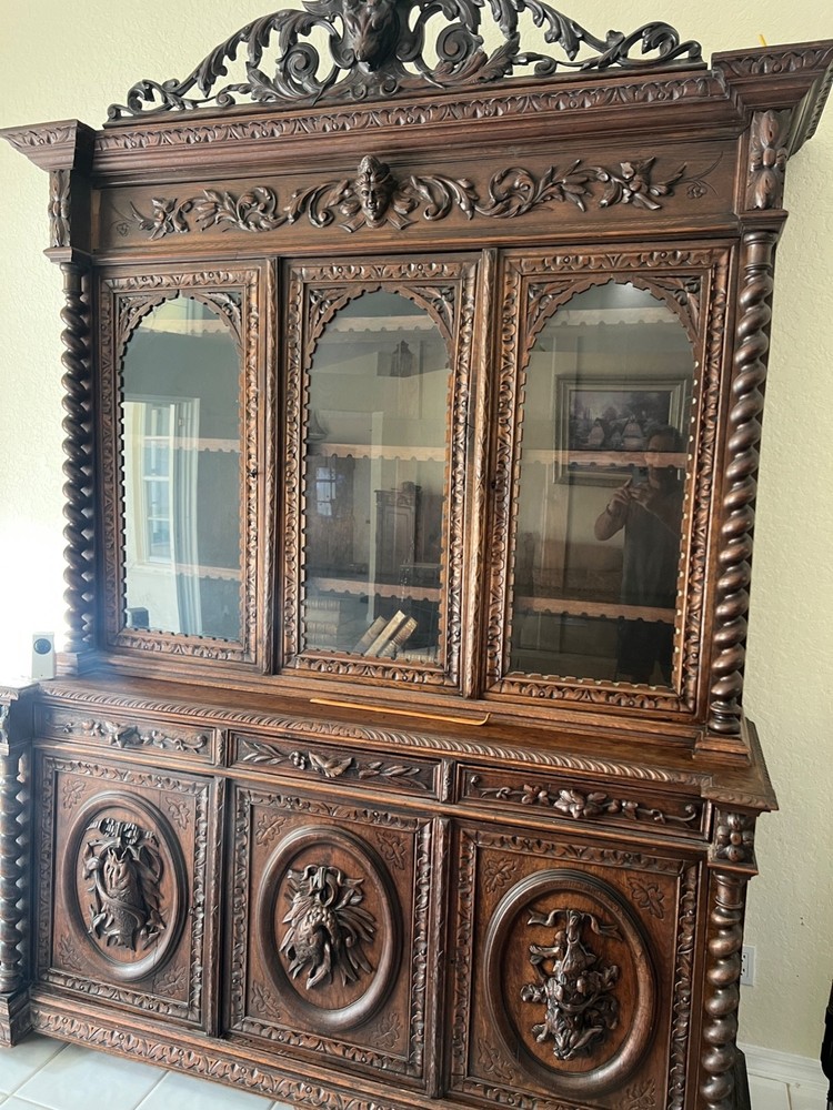Large Antique French Carved Hunting Renaissance 6 Door Bookcase Cabinet