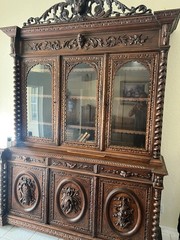 Large Antique French Carved Hunting Renaissance 6 Door Bookcase Cabinet