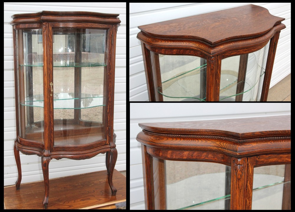 Antique Quartersawn Oak 3 S Curve Glass Mirrored Dainty Curio China Cabinet