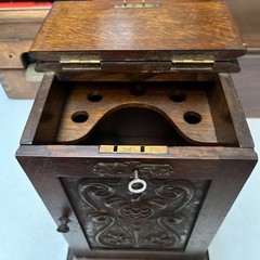 Small Antique Oak Smokers Cabinet. Art nouveau with metal front, working lock vg