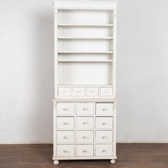 19th Century White Narrow Pine Bookcase Display Cabinet with Apothecary Drawers
