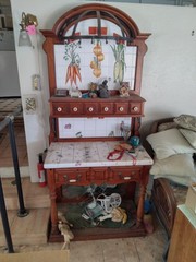 Antique Wood Cabinet with Ceramic Tile Top, Vegetable Motif, 5 Drawers, Shelf