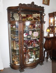 Antique Oak China Cabinet – Hooded Canopy with Carved Ladies – Original Finish –