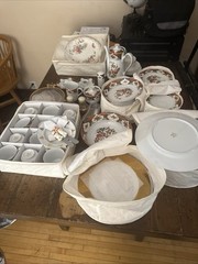cherry wood antique hutch and service for twelve china set