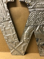Decorative Salvaged Tin Ceiling 16″ Patchwork Shabby Silver Letter W Old 219-26B