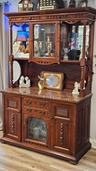 Antique Victorian Wood American Marble Top Sideboard With Curio Display Areas