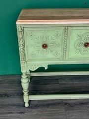 1940s Spanish Style Oak Console Cabinet, Green Console Table