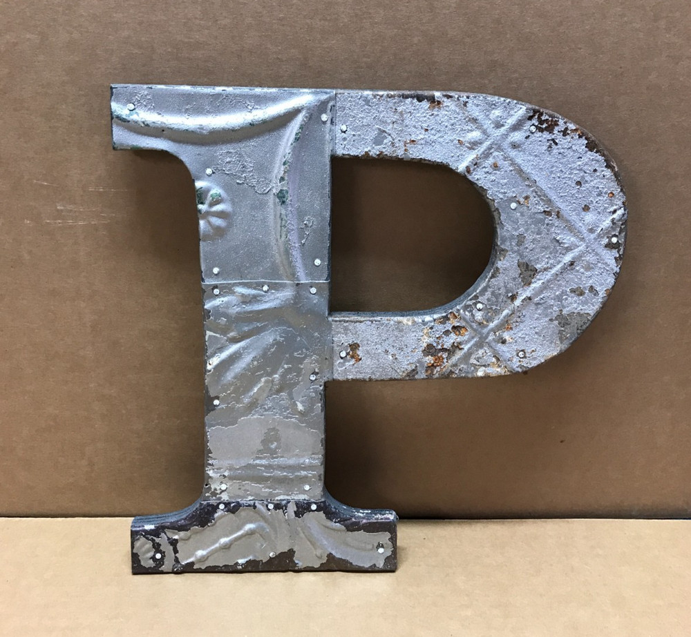 Decorative Salvaged Tin Ceiling 12″ Patchwork Silver Metal Letter P Old 620-26B