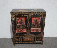 Vintage Oriental Asian Black & Red Hand Painted Lacquer Cabinet Side Table