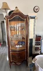 French Antique Curio Cabinet Ornate Carvings Glass Door Gold Trim Wood Metal