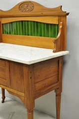 Antique English Arts & Crafts Birch Wood Green Tile Backsplash Washstand Server