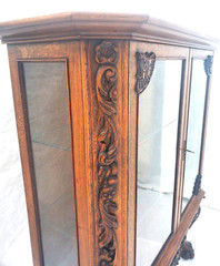 Antique Oak Display China Cabinet Display Hutch with Claw Feet & Ornate Carving