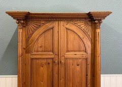 Vintage English Large Pine Cupboard Cabinet Corinthian Capitals Fluted Columns
